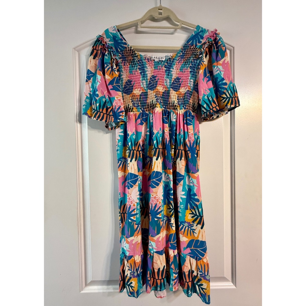 Blakeley Tropical Smocked Mini Dress S/M Multi Color Boho Summer Ruffle Festival